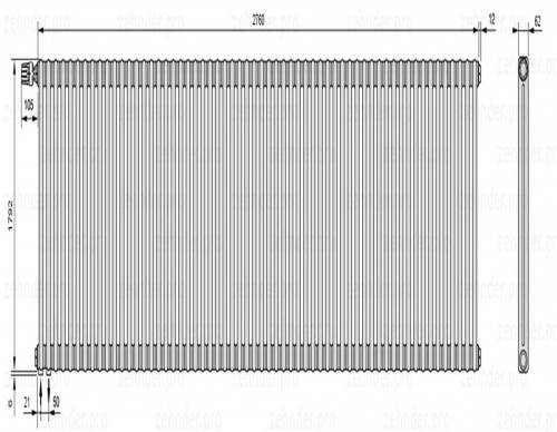 Стальной трубчатый радиатор 2-колончатый Zehnder Charleston 2180/60 TL