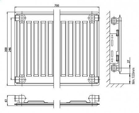 Стальной панельный радиатор Тип 10 Kermi FKO 10 300x900