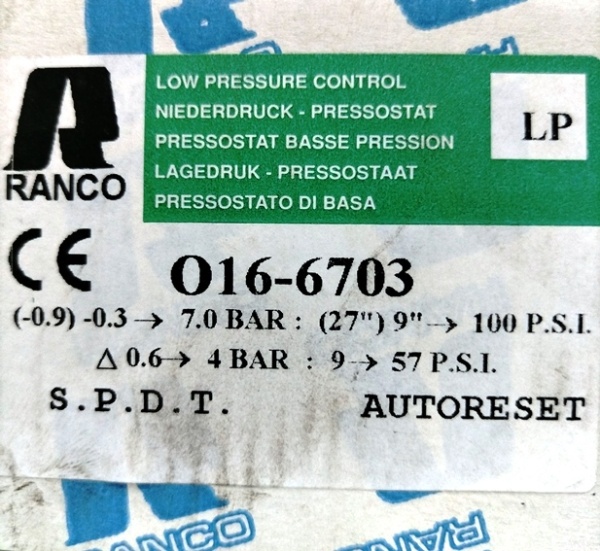 Реле давления Ranco 016H6703 (низкое давление)